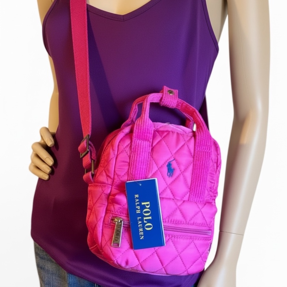 Ralph Lauren Polo Shoulder Sling Bag Mini Quilted Bright Pink Crossbody Women